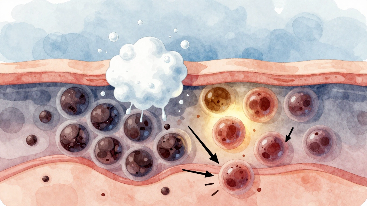 Схематическое изображение кожи: меланин разрушается перекисью, но вызывает стресс и усиление пигментации.