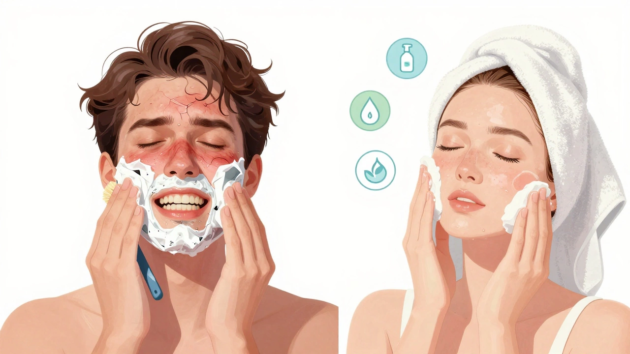 Сравнение: агрессивное очищение с раздраженной кожей слева и бережный уход с успокаивающими ингредиентами справа.