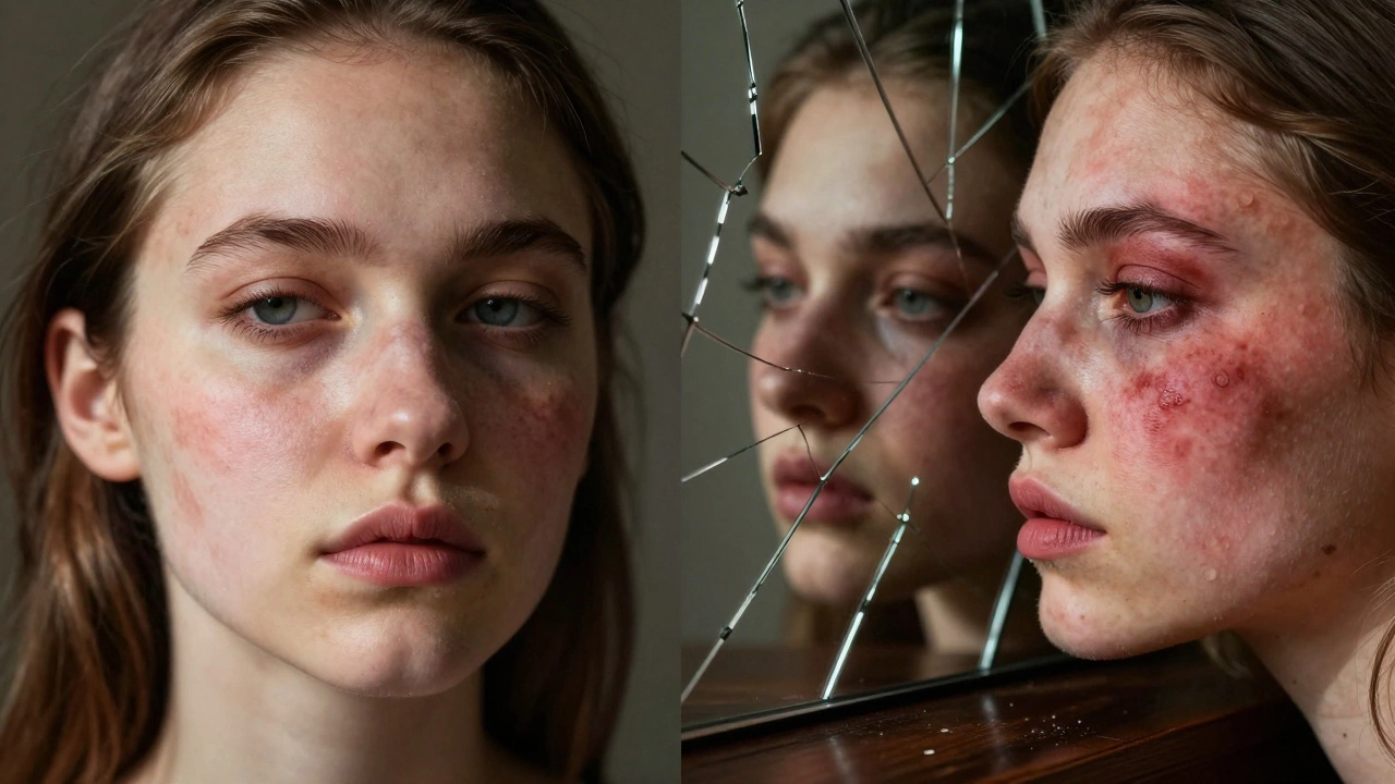 Сравнение лица до и после использования перекиси водорода: справа — покраснение и усиление пятен.