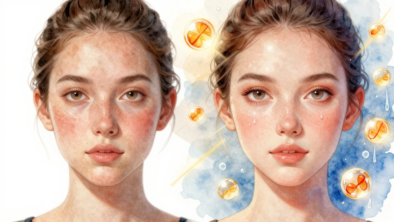 Сравнение лица до и после: с пигментацией и тусклостью слева, с сияющей кожей справа.