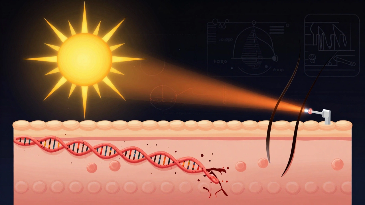 Сравнение ультрафиолетового излучения, повреждающего ДНК, и целенаправленного лазерного света, поглощаемого только волосами.