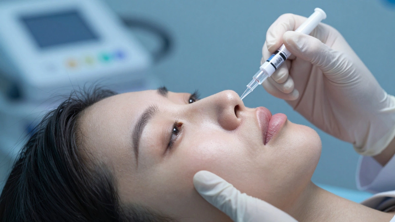 Врач вводит филлер в область носогубных складок, фокус на игле и коже