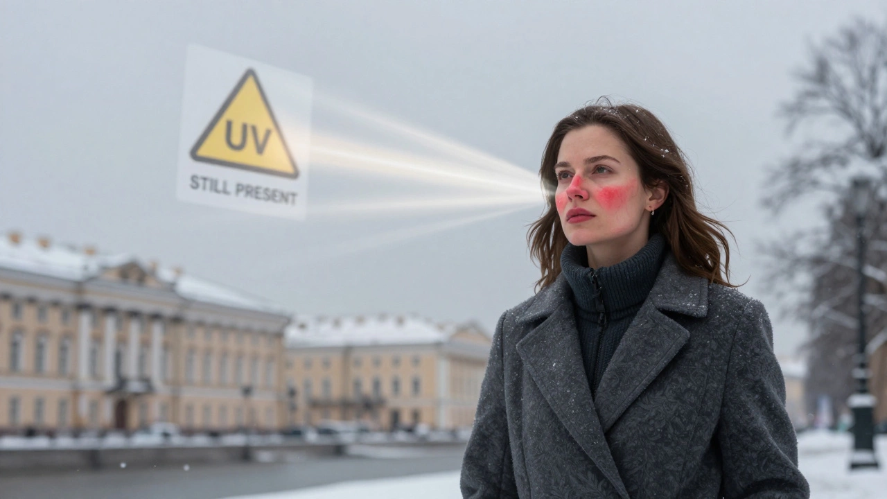 Женщина на улице в зимнем Петербурге с солнцезащитным кремом, несмотря на пасмурную погоду.