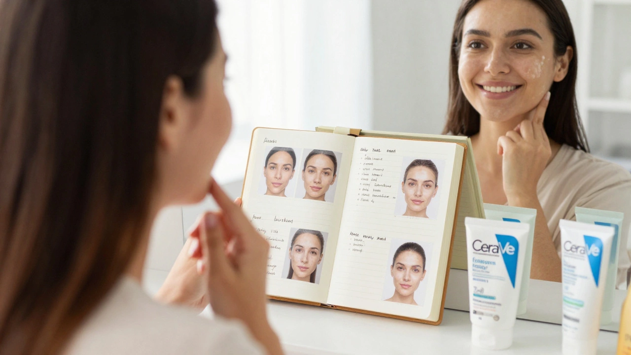 Женщина с чистой кожей смотрит в зеркало, рядом — дневник и средства для ухода за кожей при акне.