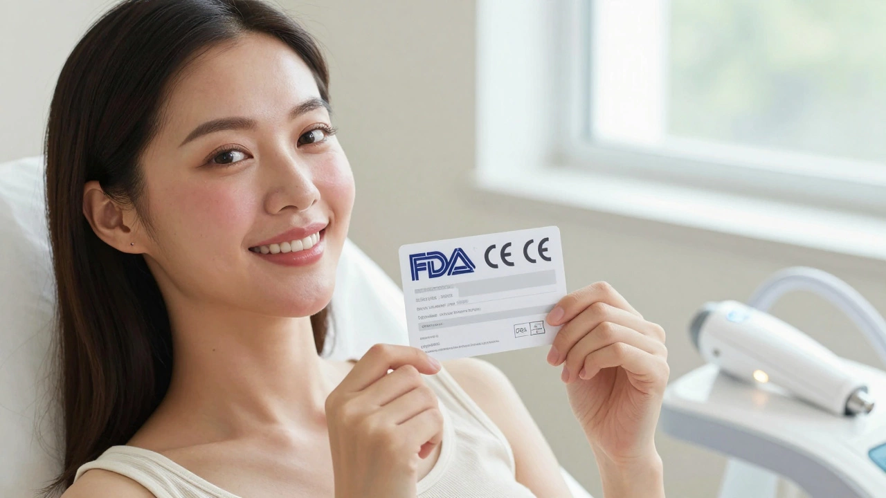 Женщина улыбается после процедуры, рядом — сертифицированное лазерное оборудование, кожа выглядит здоровой.
