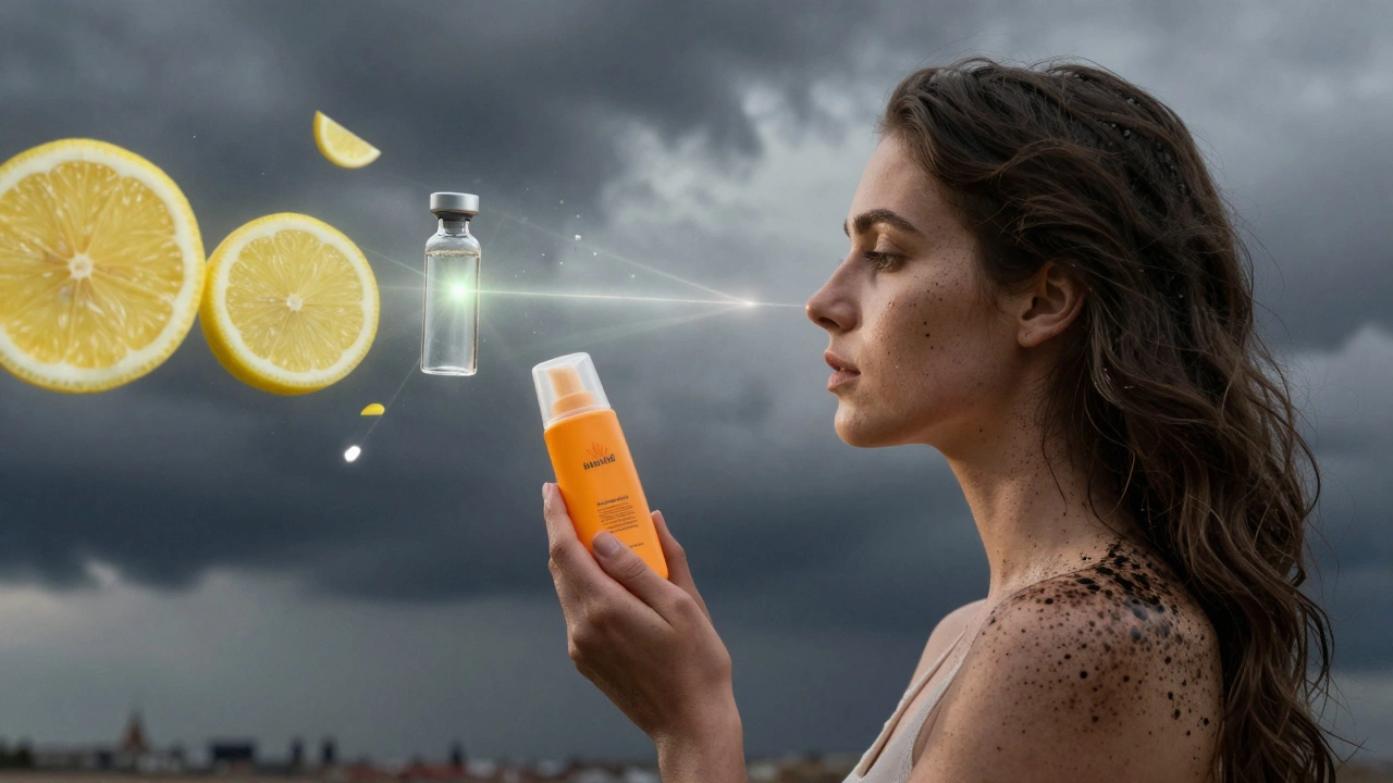 Женщина в пасмурном Петербурге, где тёмные пятна на коже растворяются в свете, а вредные средства исчезают.