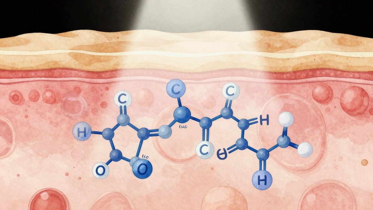 Художественное изображение кожи с молекулярным взаимодействием койевой и гликолевой кислот против пигментации.