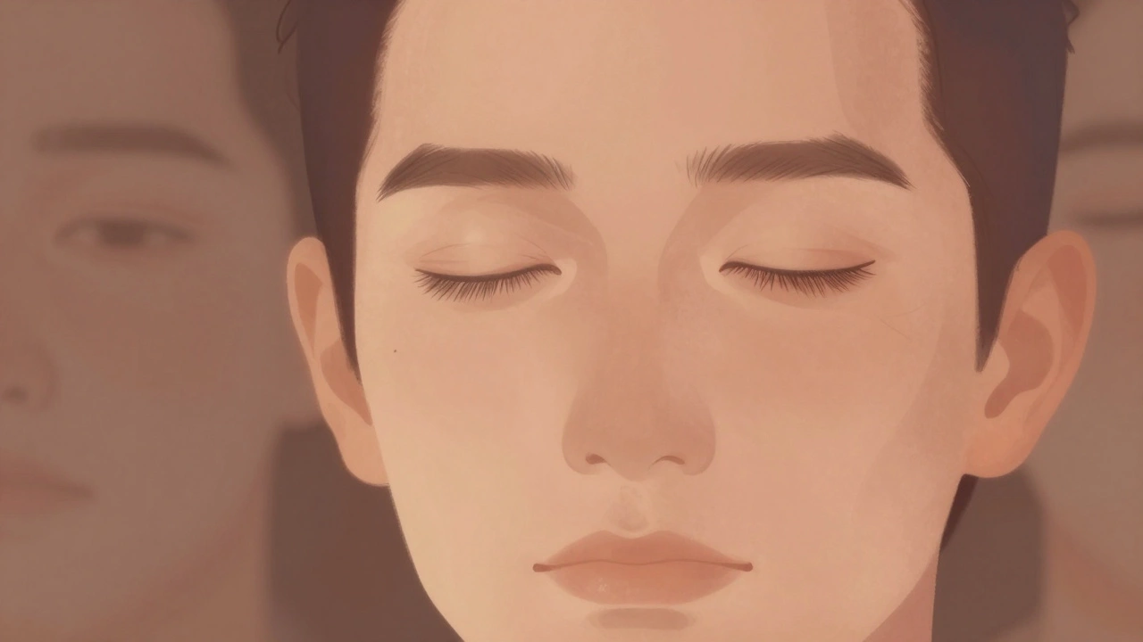 Лицо наполовину гладкое, наполовину возвращается к естественным морщинам — символ перехода к естественности.