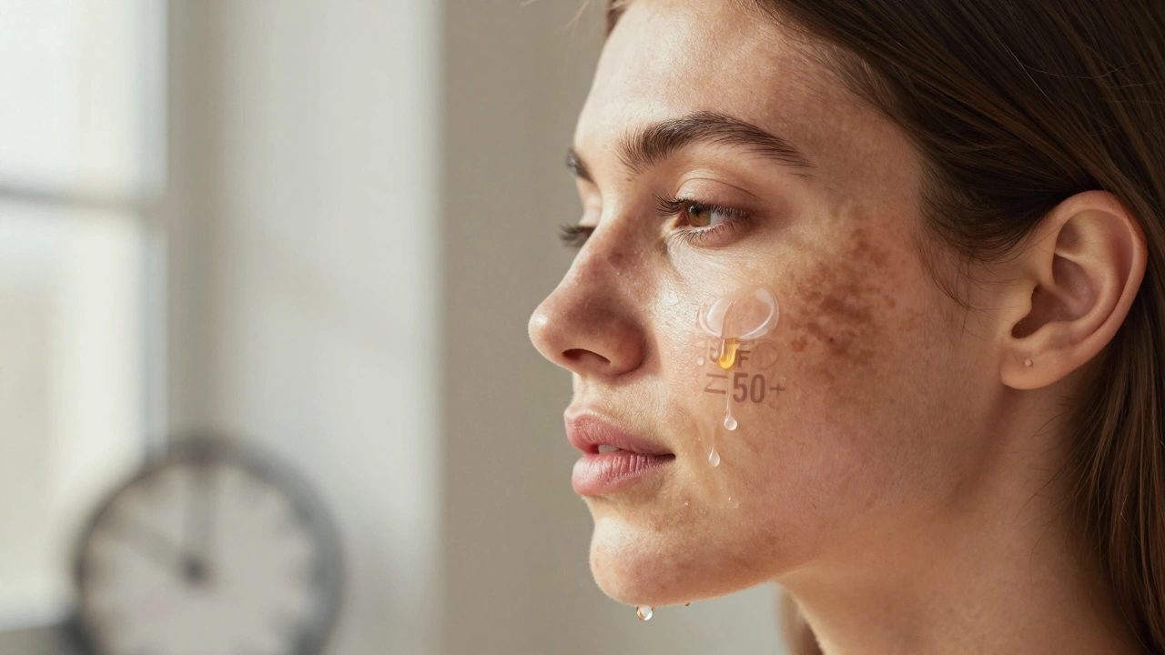 Лицо женщины с частично исчезнувшими пятнами после лечения, с каплями сыворотки и солнцезащиты.