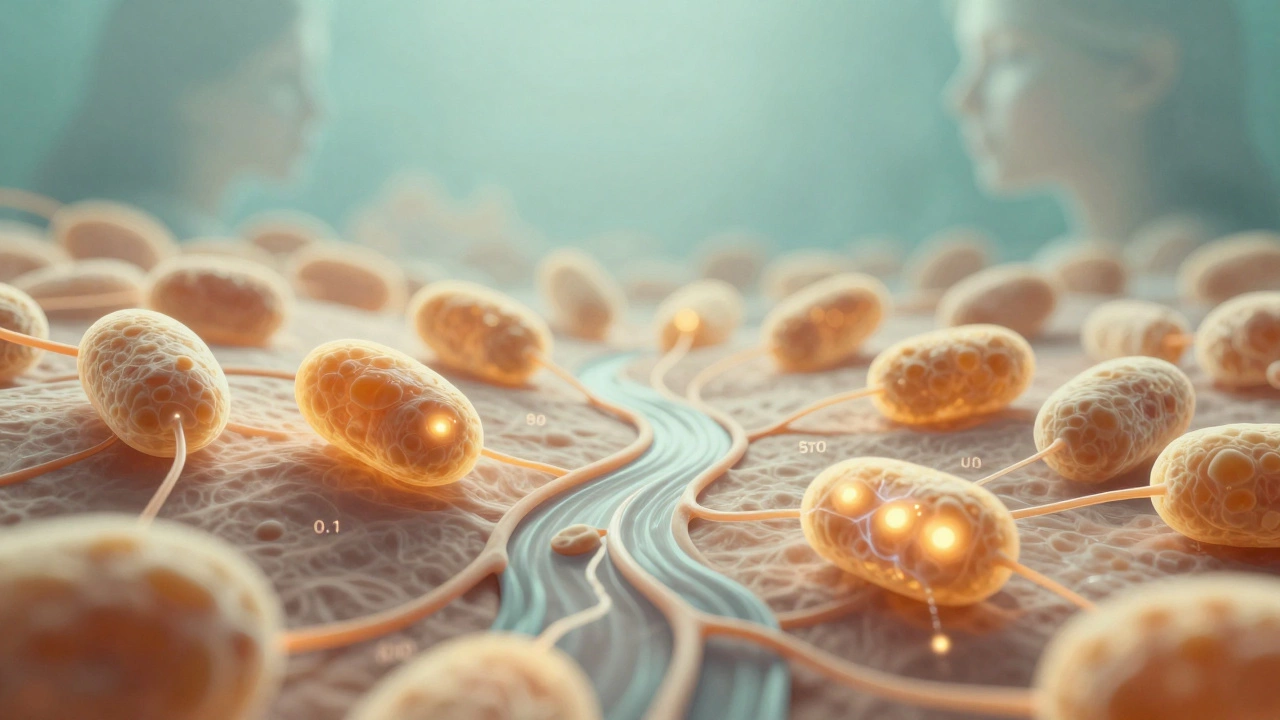 Микроскопическое изображение клеток кожи с усиленной выработкой АТФ и мягкими электрическими импульсами, символизирующее клеточное омоложение.