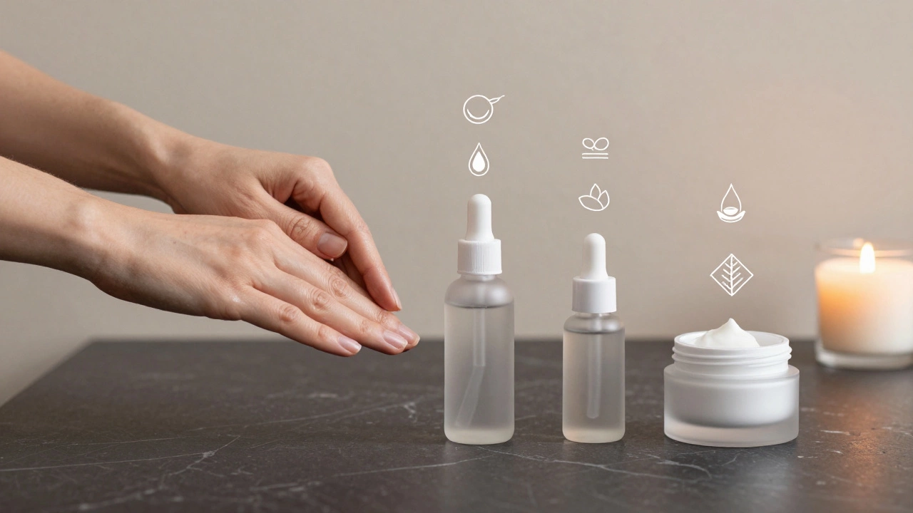 Последовательность ухода за кожей: тоник, сыворотка, крем с обозначением активных ингредиентов.