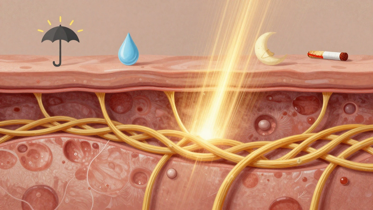 Разрез кожи, показывающий, как лазер стимулирует образование коллагена, с визуальными символами здорового образа жизни.