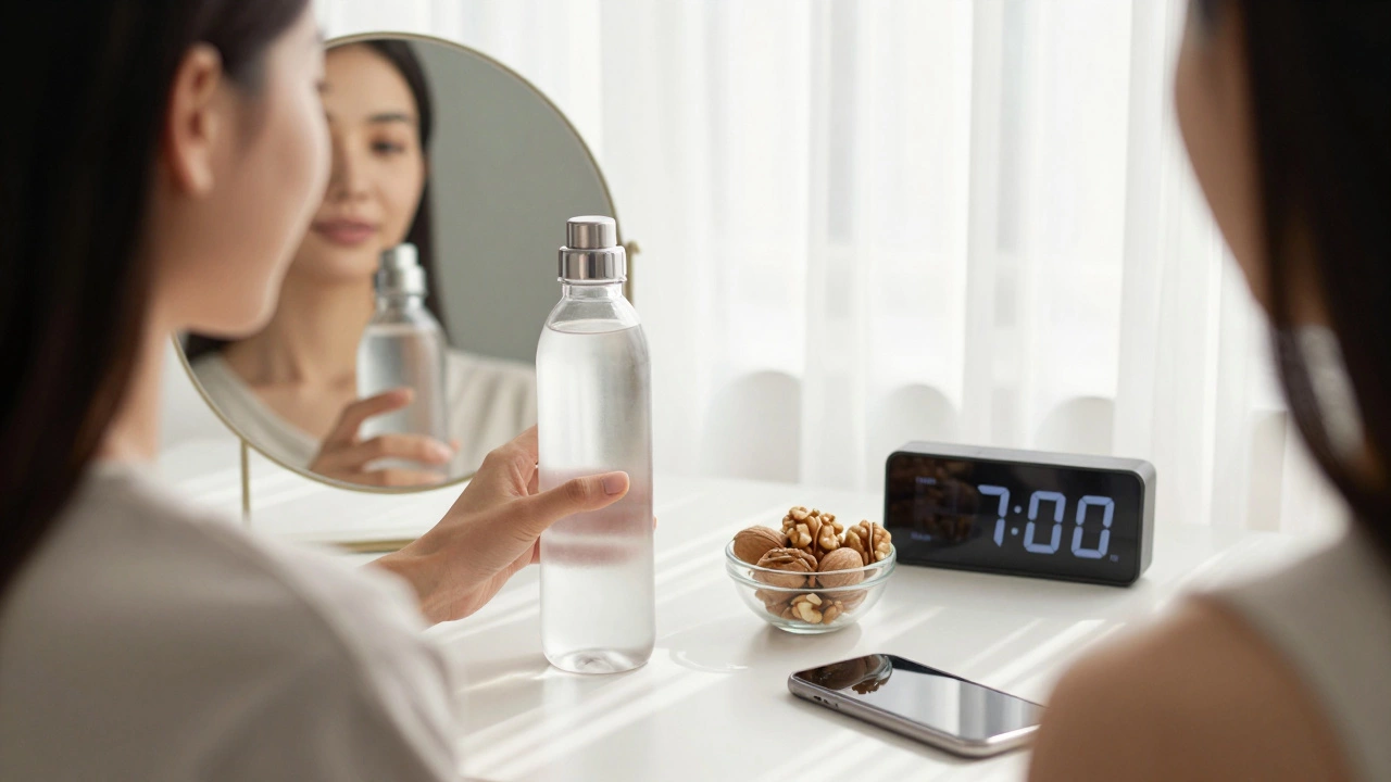 Рука держит бутылку воды и грецкие орехи, в зеркале — свежее лицо, телефон лежит вниз экраном.