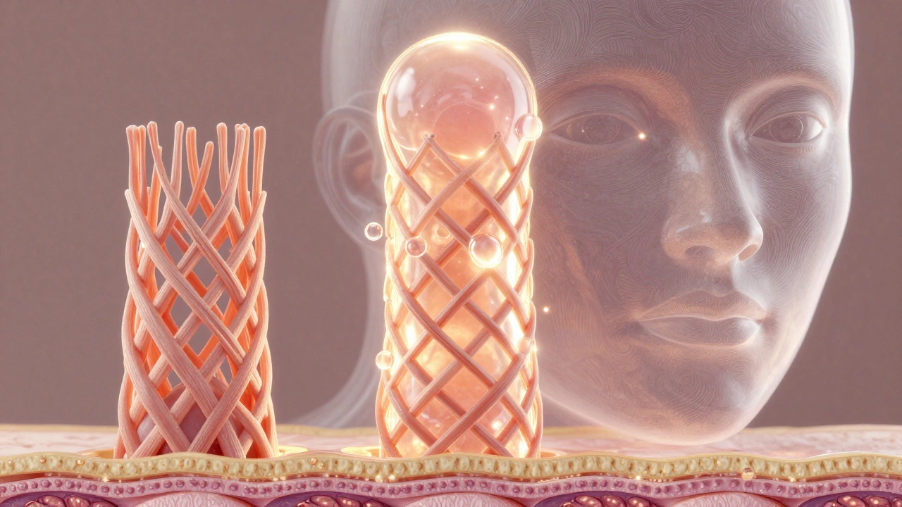 Схематичное изображение трех компонентов упругости кожи: коллагена, эластина и гиалуроновой кислоты.