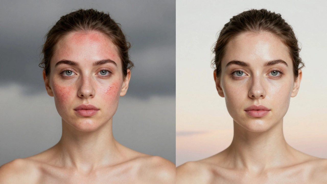 Сравнение: слева — последствия лазерной процедуры, справа — естественное сияние кожи после микротоковой терапии.