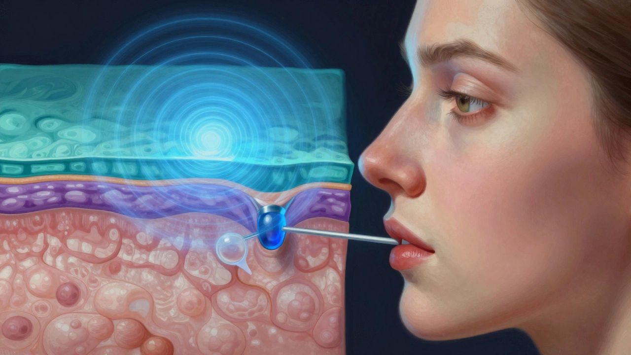 Ультразвуковые волны воздействуют на SMAS-слой кожи, визуализированные как концентрические кольца.