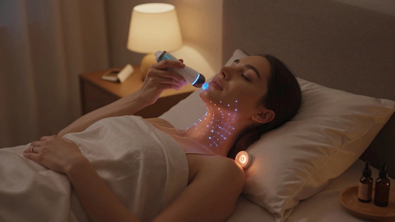 Женщина проводит микротоковую терапию на лице и шее вечером в спальне.