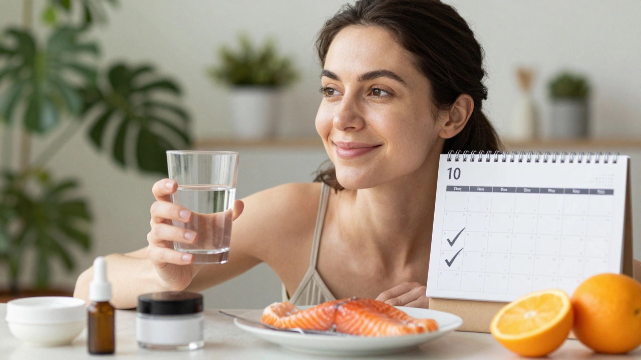 Женщина с подтянутым лицом держит воду и лосось, на фоне календарь с отметками за 10 недель ухода.
