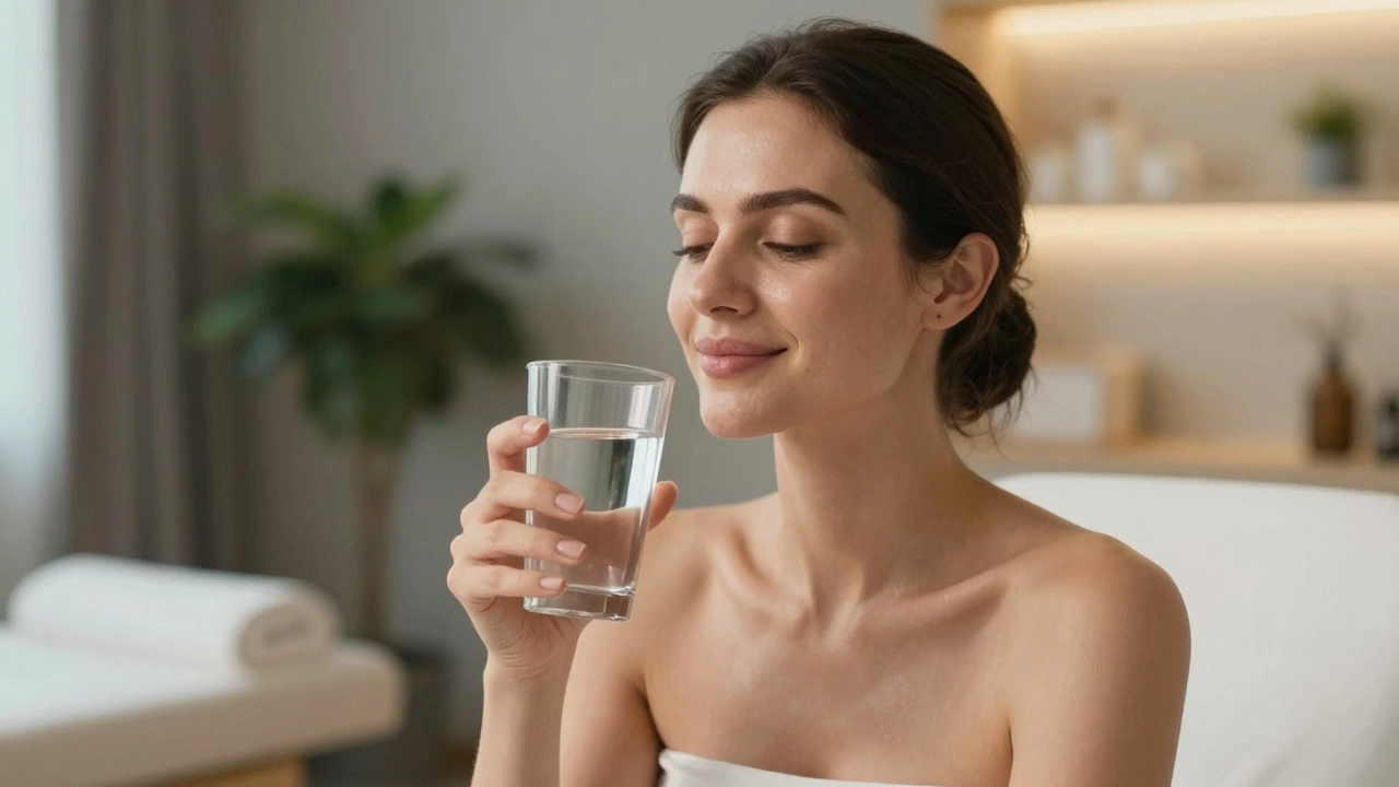 Человек с чистой кожей держит воду в уютном интерьере клиники