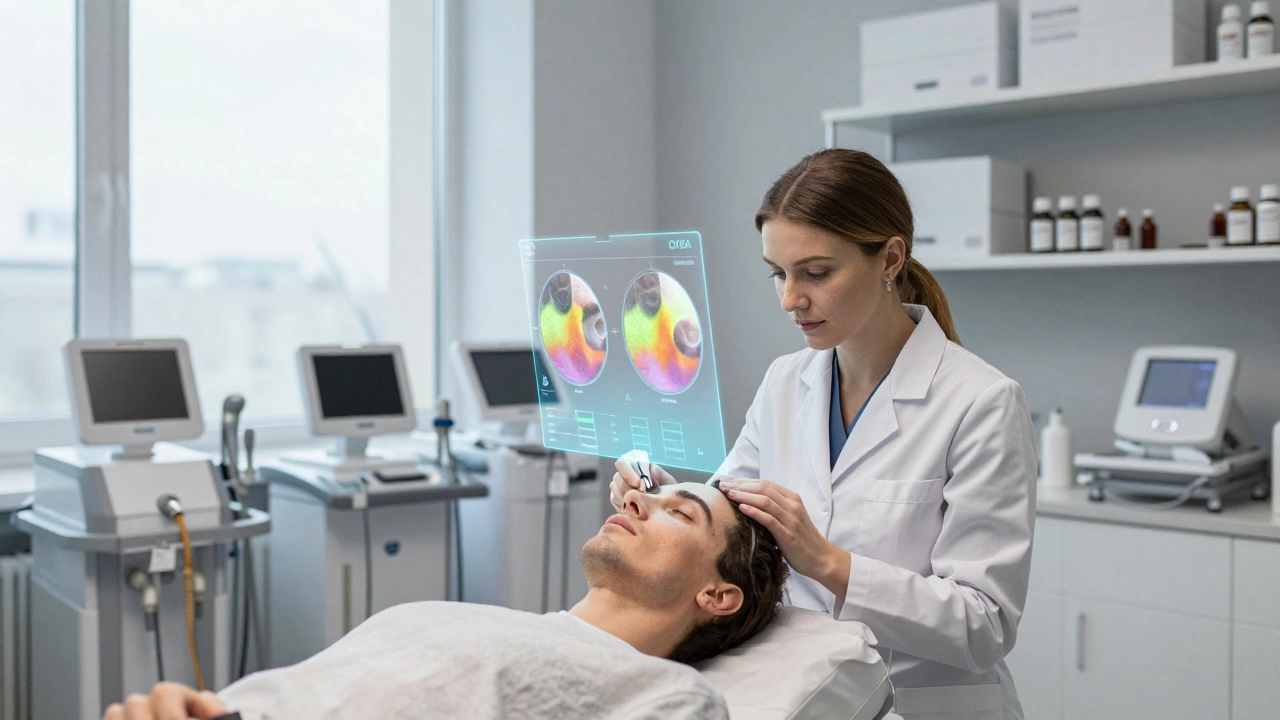 Дерматолог в клинике Санкт-Петербурга использует сканер VISIA для анализа кожи пациента, над головой — голографические данные.