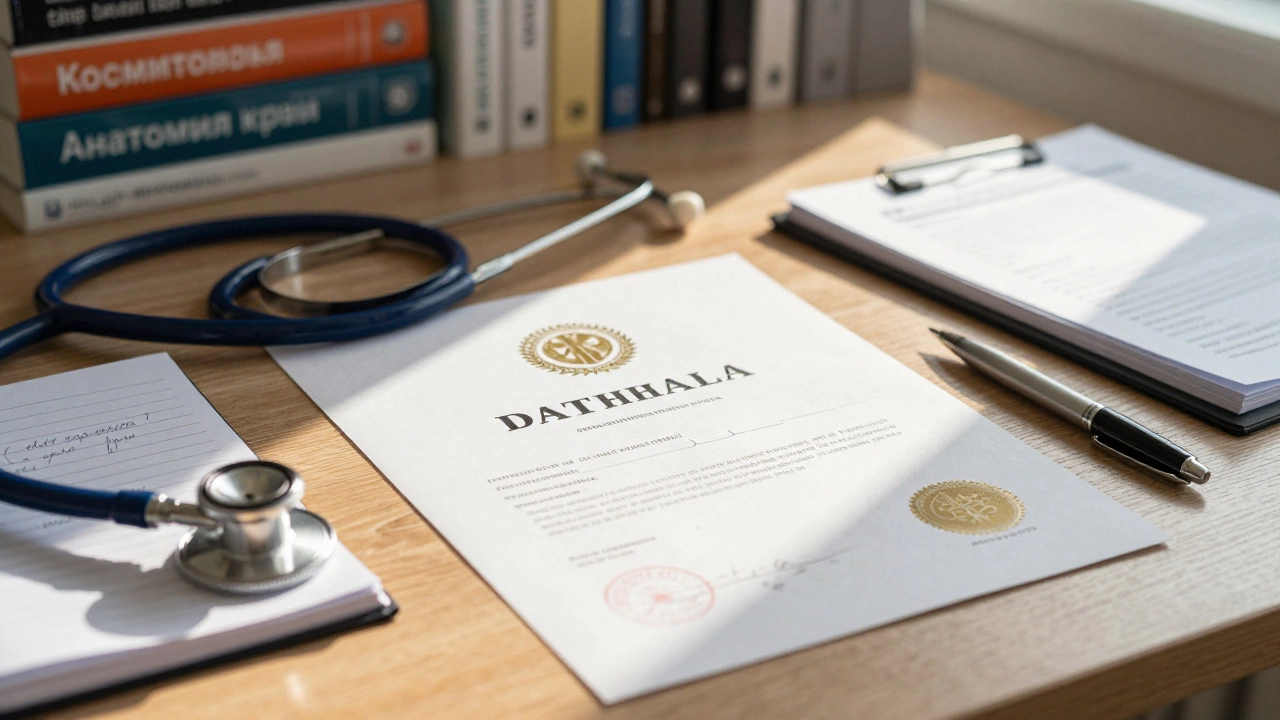 Диплом и сертификат косметолога-эстетиста лежат на столе рядом с медицинскими инструментами и книгами.