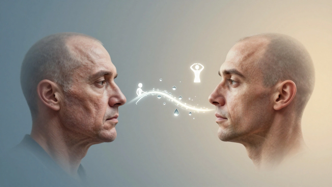 Двустороннее изображение: одна половина лица с провисающими контурами, другая — с подтянутым овалом, соединенные потоком воды и коллагена.