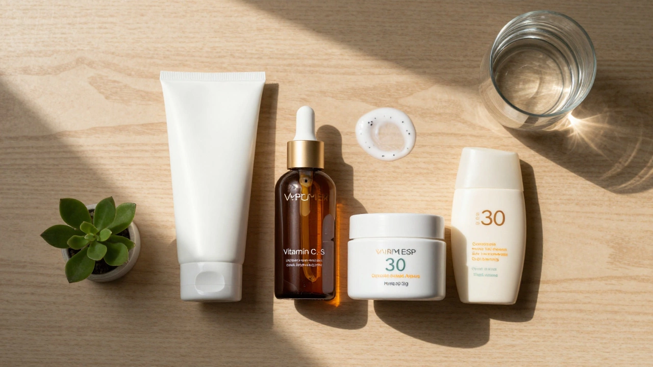 Ежедневный уход за кожей: очищение, сыворотки, крем и SPF, расположены на деревянной поверхности.