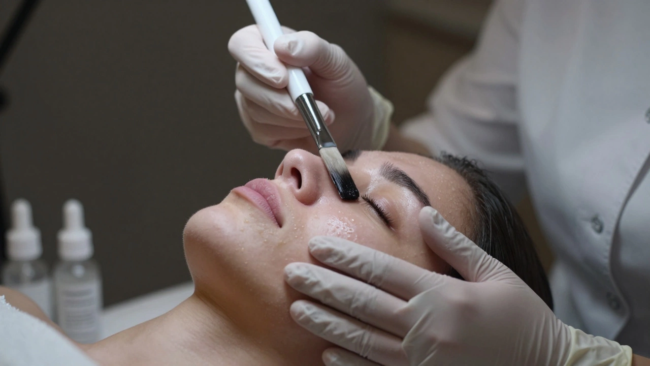 Косметолог-эстетист наносит химический пилинг на лицо пациента с точностью и профессионализмом.