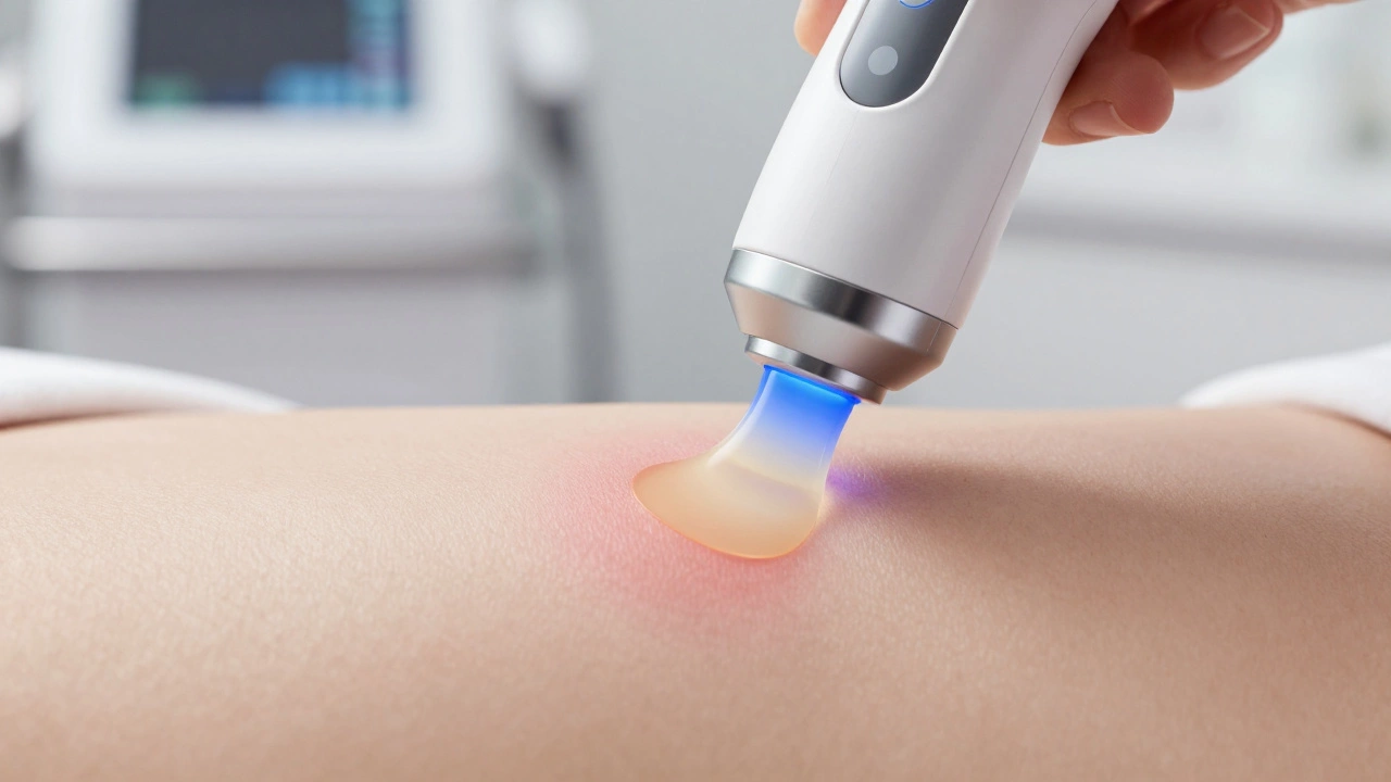 Макросъемка медицинского аппарата для лица на коже