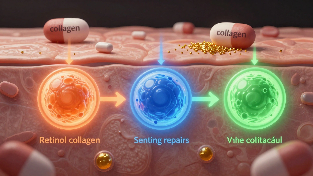 Микроскопический вид кожи: активные молекулы стимулируют коллаген, а крупные частицы коллагена и золота остаются на поверхности.