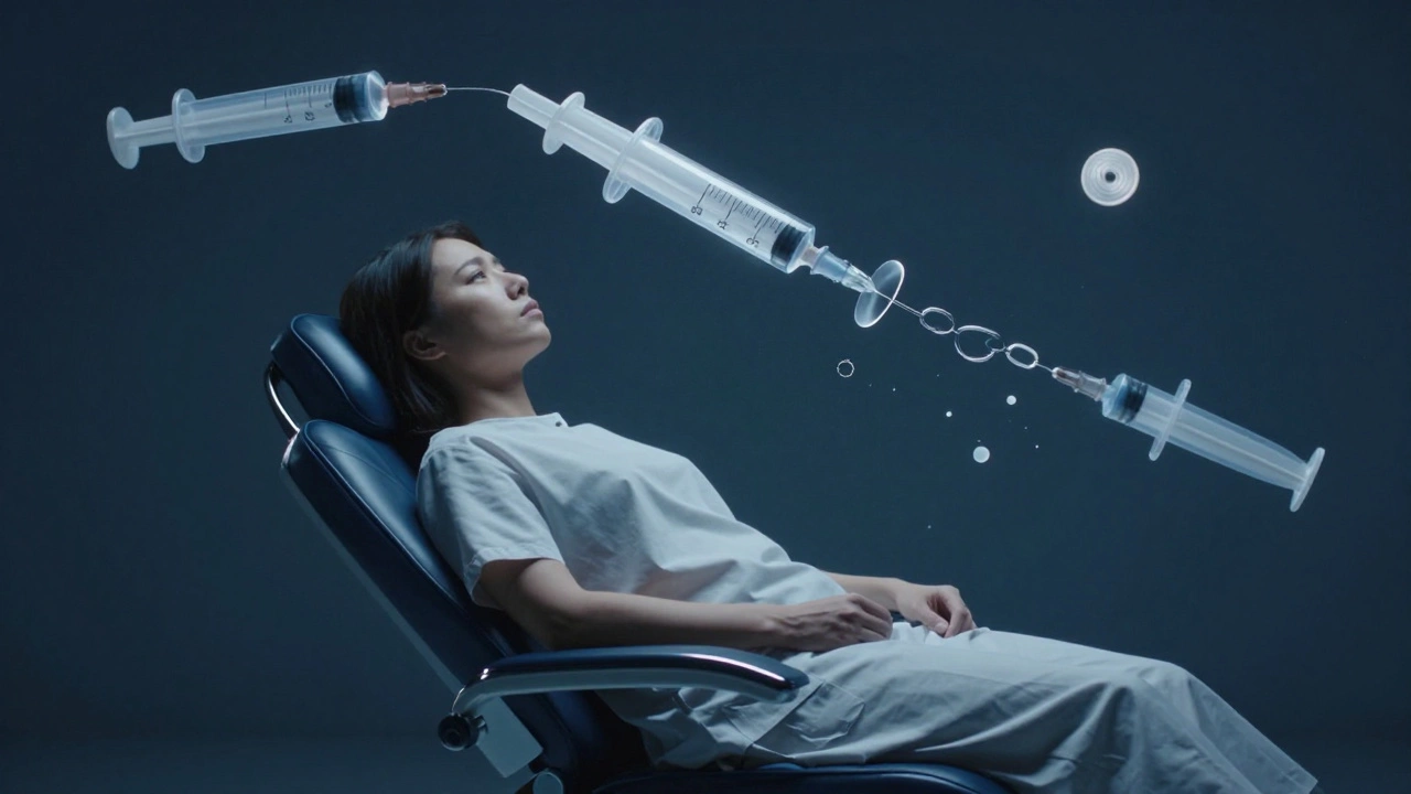 Пациент в косметологическом кабинете, за которым плавают прозрачные инфицированные шприцы и сломанные пломбы стерилизации.