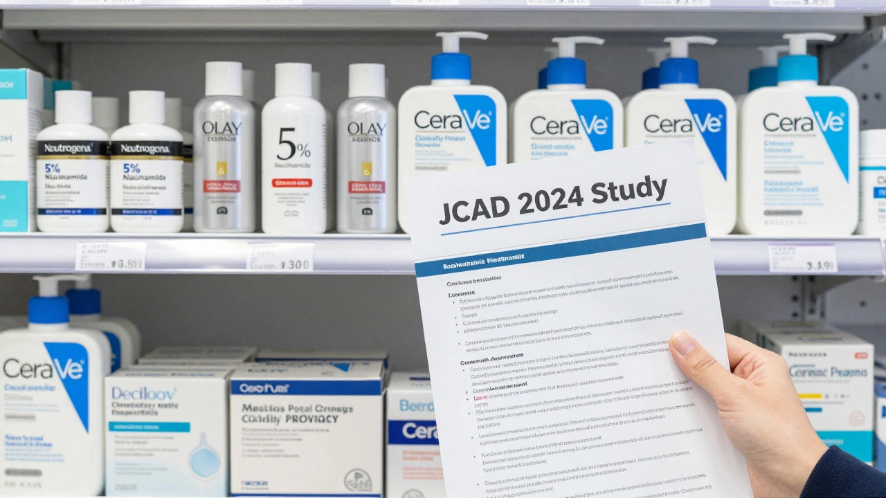 Полки с косметикой Neutrogena и Olay с четкими этикетками и научными данными.