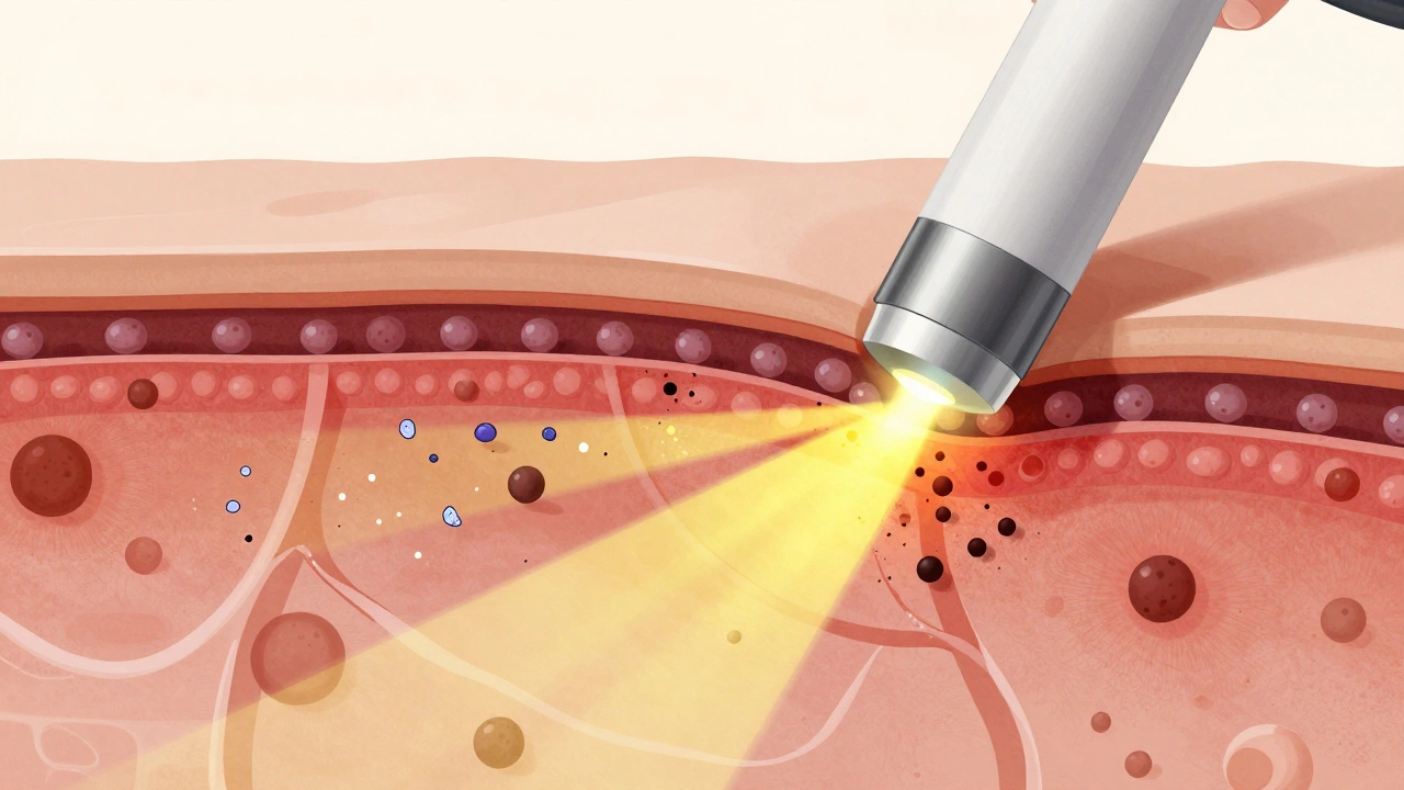 Разрез кожи, показывающий, как лазер разрушает меланин, а иммунные клетки удаляют его частицы