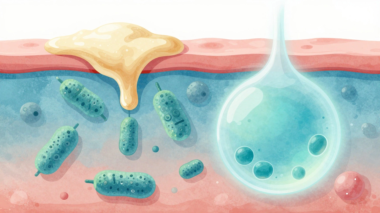 Разрез кожи: забитые поры и бактерии против действия салициловой кислоты и ретиноидов.