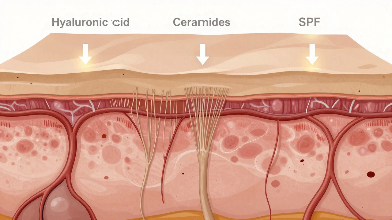 Схема кожи с уменьшающимся коллагеном и защитными компонентами, показывающая процесс старения.