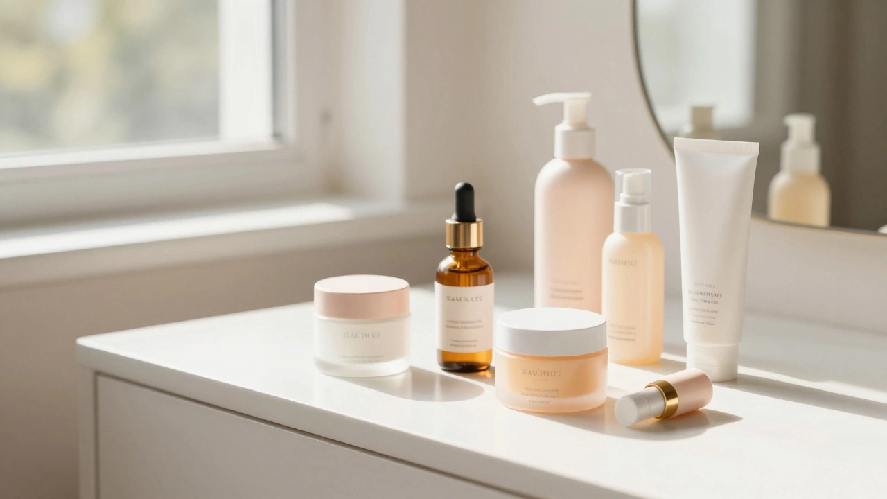 Средства домашнего ухода за кожей на туалетном столике при дневном свете.