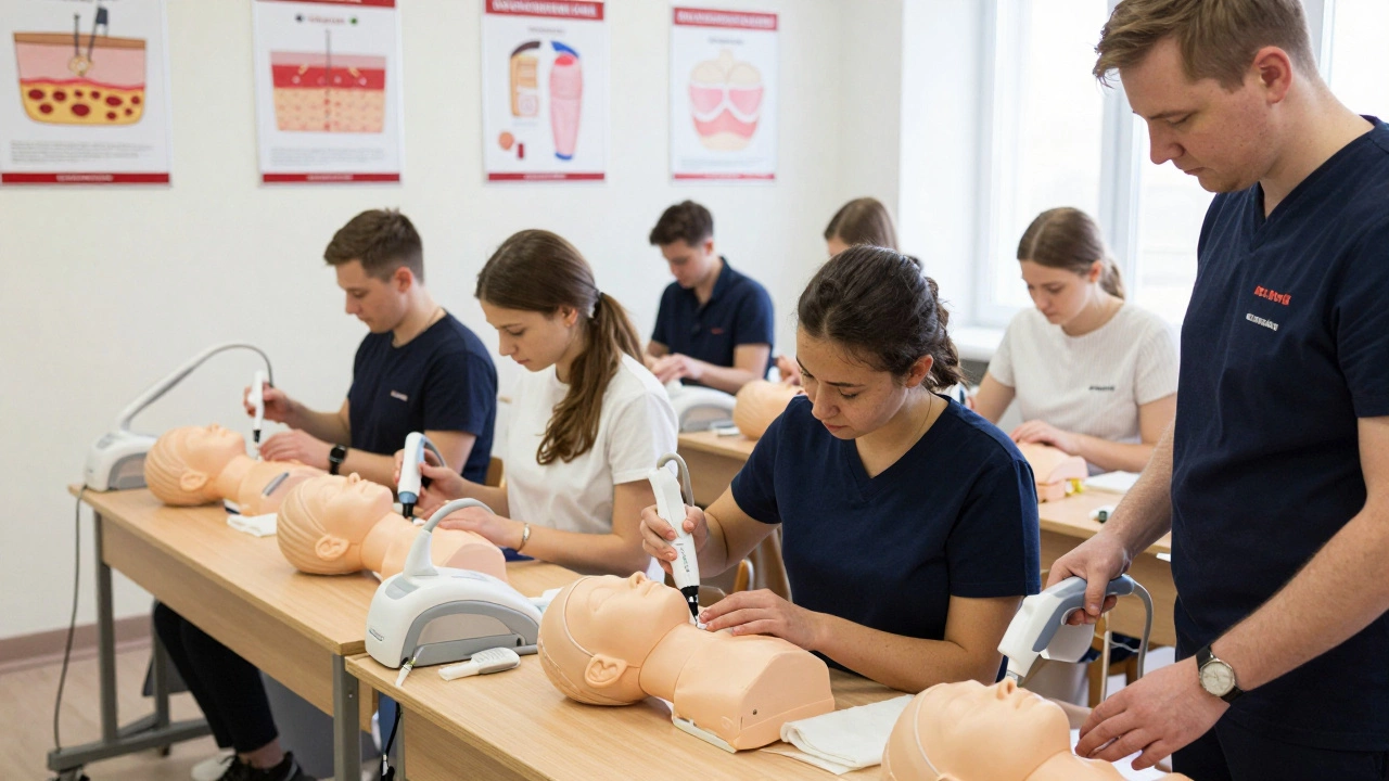 Студенты медицинского колледжа практикуют процедуры ухода за кожей под руководством преподавателя.