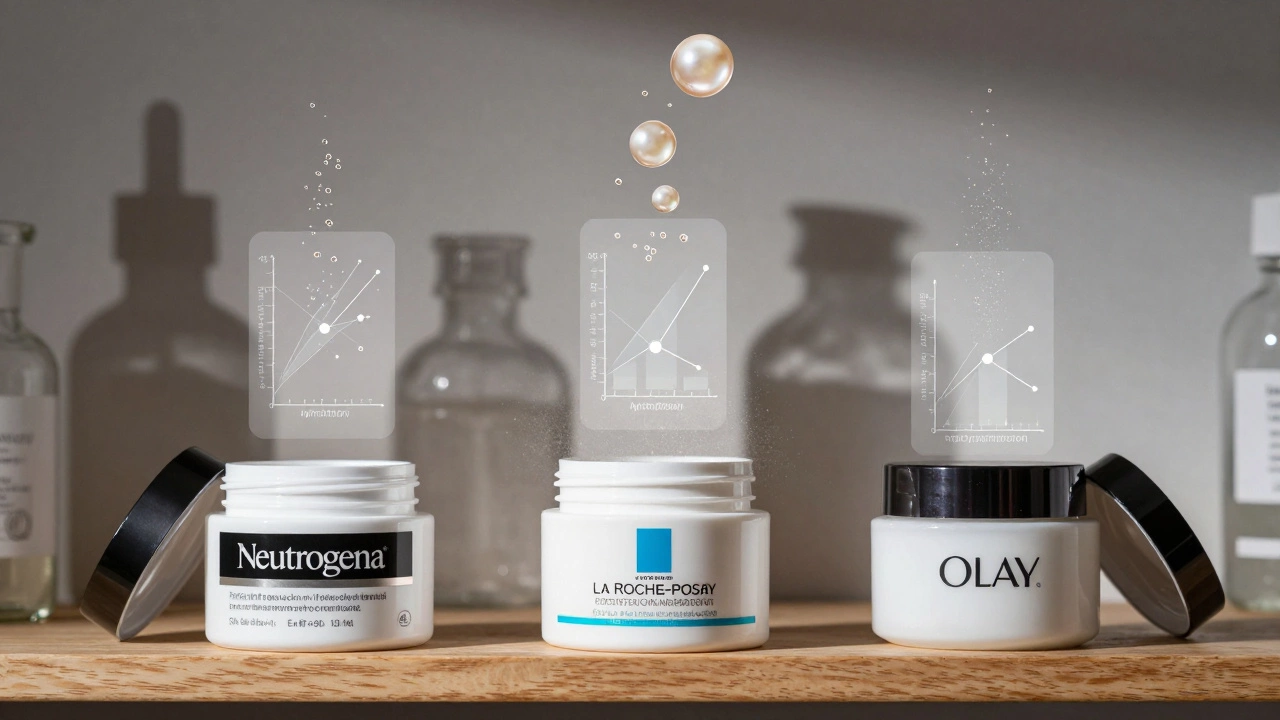 Три крема с научными данными над ними, позади — разрушающиеся банки с маркетинговыми ингредиентами вроде жемчуга и кислорода.