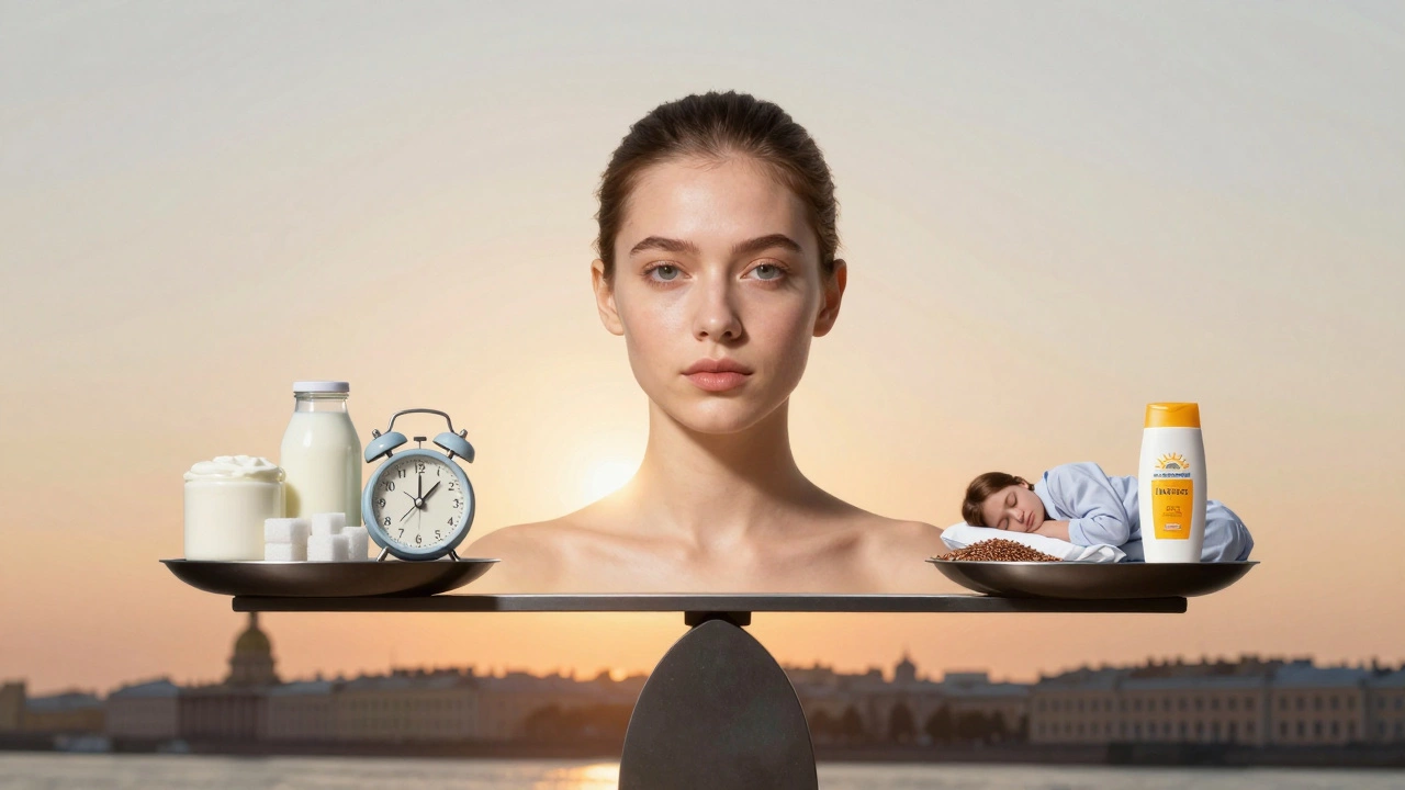 Весы: стресс и молоко против воды, сна и льняного семени — на фоне здоровой кожи.