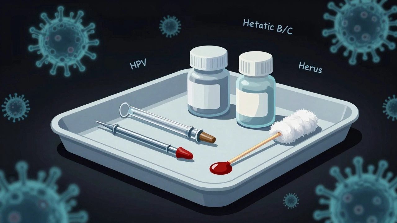 Загрязнённый лоток с повторно используемыми иглами и открытыми банками косметики с видимыми вирусами.