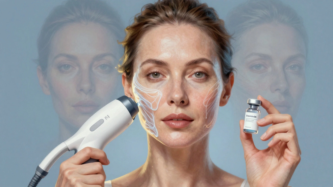 Женщина 45 лет с омоложенной кожей, вокруг лица — прозрачные волокна коллагена, в руке — устройство Fraxel Dual.