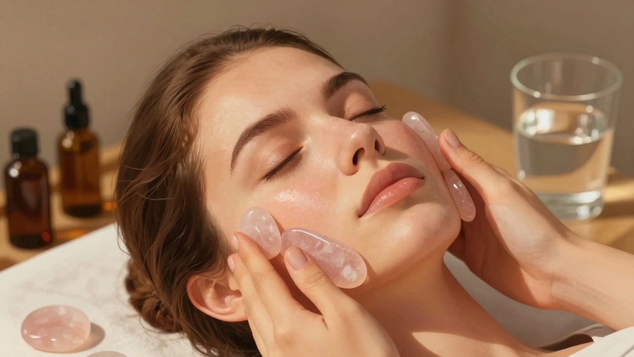 Женщина массирует лицо розовыми кварцевыми камнями, движения направлены вверх от подбородка к вискам, теплый свет создает ощущение расслабления.