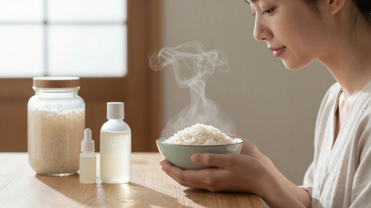 Женщина совершает утренний уход с ферментированными рисовыми сыворотками в японском стиле.