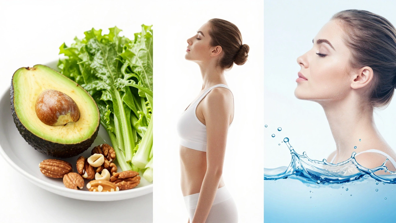 Коллаж: правильное питание, осанка и увлажнение для упругости кожи