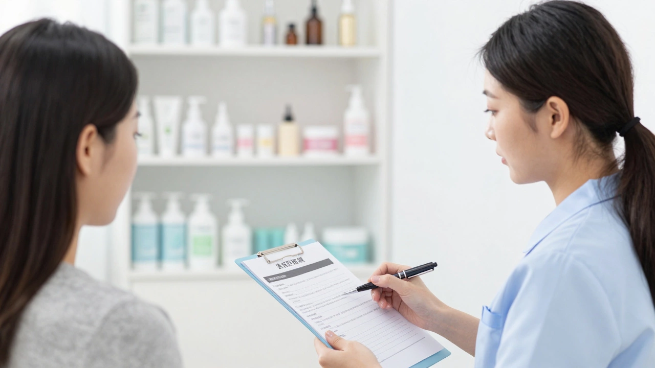 Косметолог-эстетист проводит консультацию с клиентом, заполняя анкету в светлом офисе