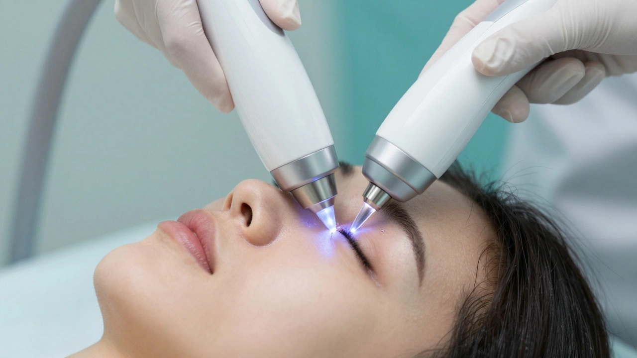 Крупный план процесса лазерного лифтинга лица в современном косметологическом кабинете