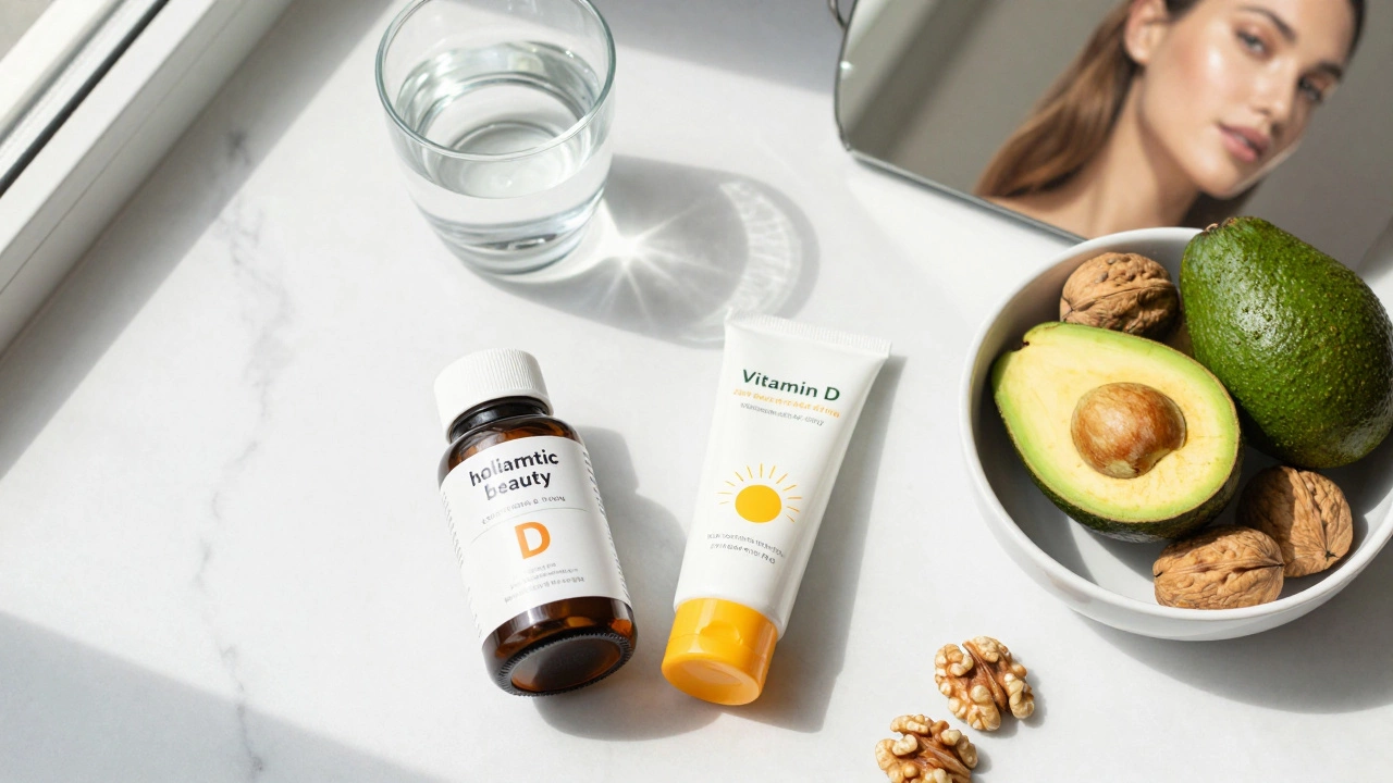 Набор для здоровья кожи: витамин Д, солнцезащитный крем, авокадо и орехи на мраморе