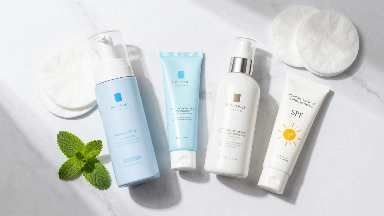 Набор средств для ухода за кожей: очищение, ретиноиды, увлажнение и SPF