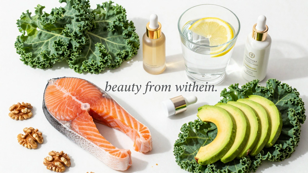 Натюрморт с полезными продуктами для кожи: лосось, авокадо и уходовая косметика