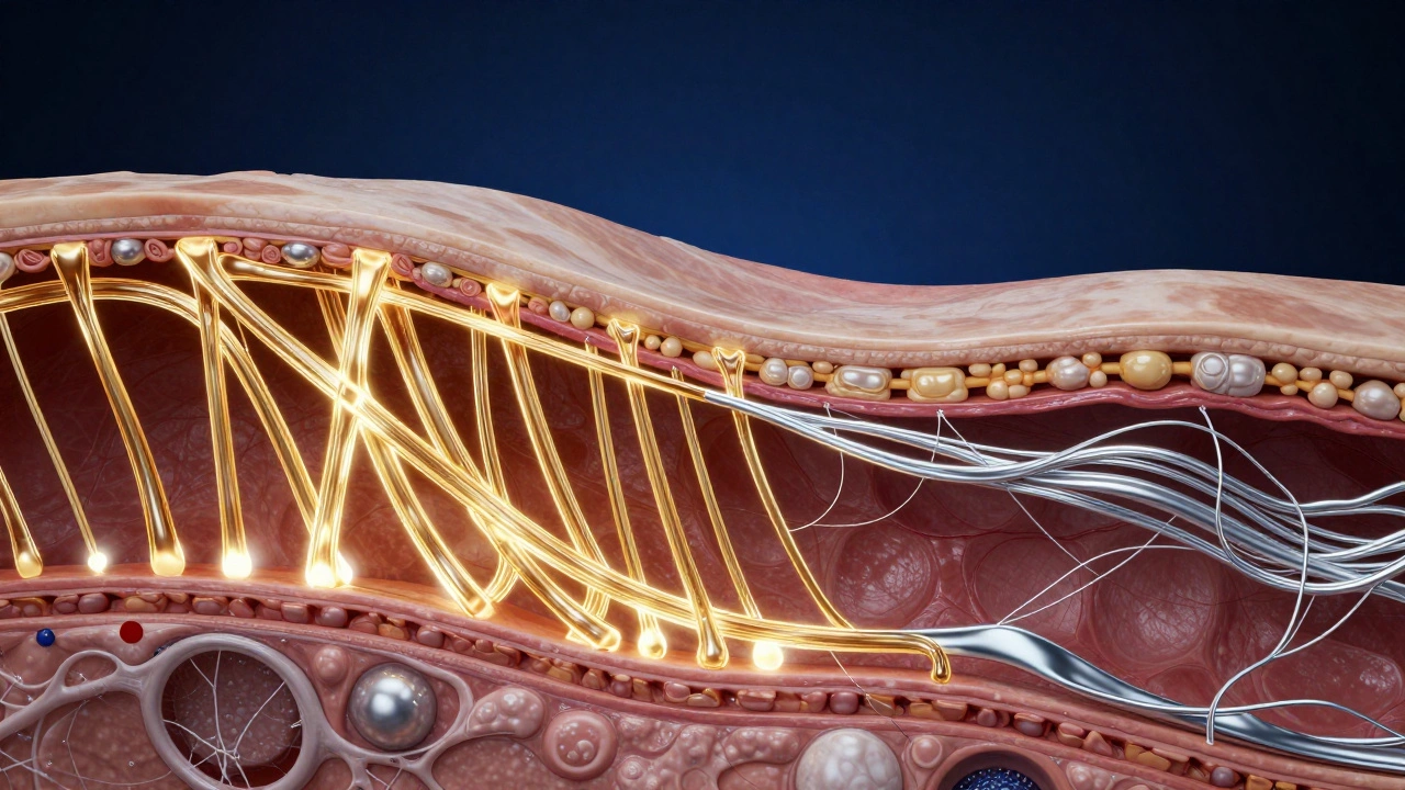 Схематичное изображение коллагеновых и эластиновых волокон в глубоких слоях кожи